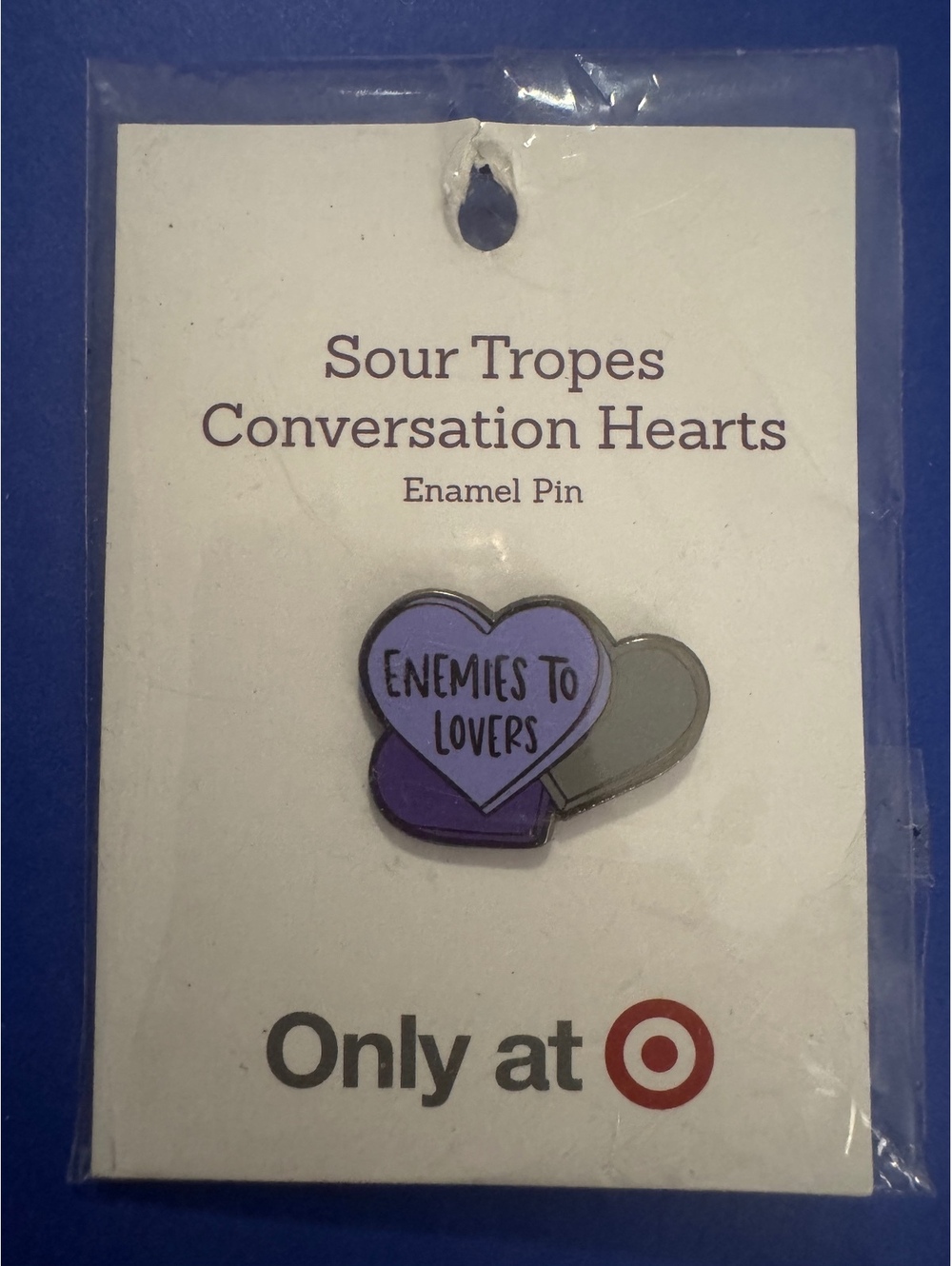 Sour Tropes Conversation Hearts Enamel Pin - Enemies to Lovers Design, New